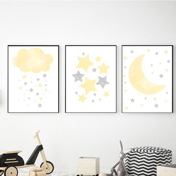 Cloud, Stars &amp; Moon in Yellow - A3 Canvas -Set Of 3
