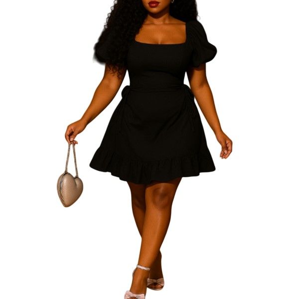 Missy Missi Ladies Midi Dress Ruffle Hem with Lantern Sleeves