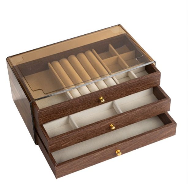 Rectangle Transparent Walnut Compartment Tray Jewelry Storage Box Organizer