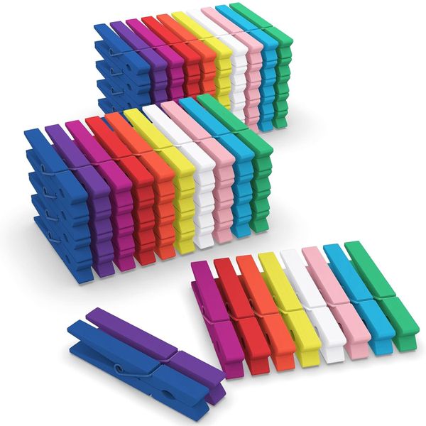 100 Pack Wooden Colored Clothes Pins-Clothing Pegs For Crafts Laundry-7.2cm