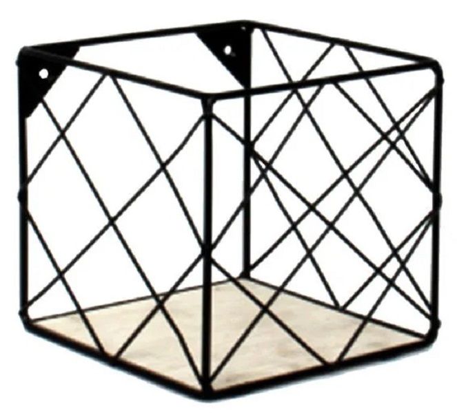 Square Shape Metal Shelf Black And Wood Base 15x15x15cm