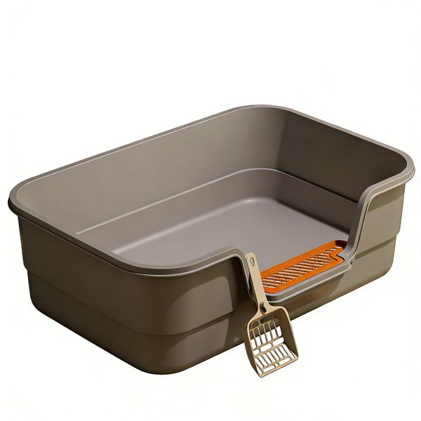 Large Cat Litter Tray Open Top Litter Box with Scoop - Grey