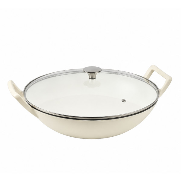 36cm Enamel Cast Iron Wok Pan with Glass Lid - Heavy Duty Cooking Pot
