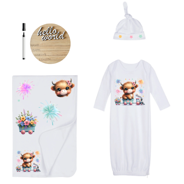 Newborn-Sleeping Bag, Swaddle,Hat, &amp; Birth Announce World-Highland Cow Girl