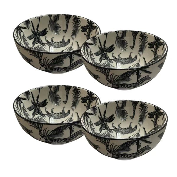 Monochrome Safari Art Ceramic Bowls Cereal Bowls Salad Bowls - Set of 4
