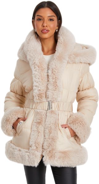 Quiz - Women Stone Padded Faux Fur Trim Jacket