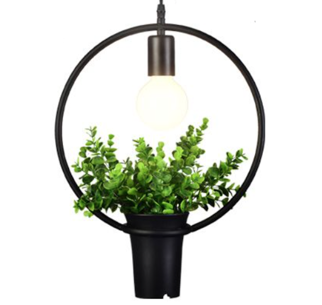 Wrought Iron Pendant Light With Planter - Round
