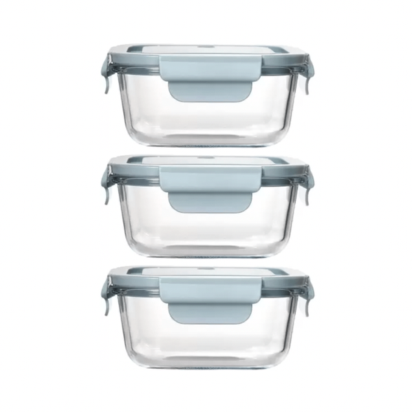 3 Pack 680ML Single Compartment Glass Food Container With Lids - Blue
