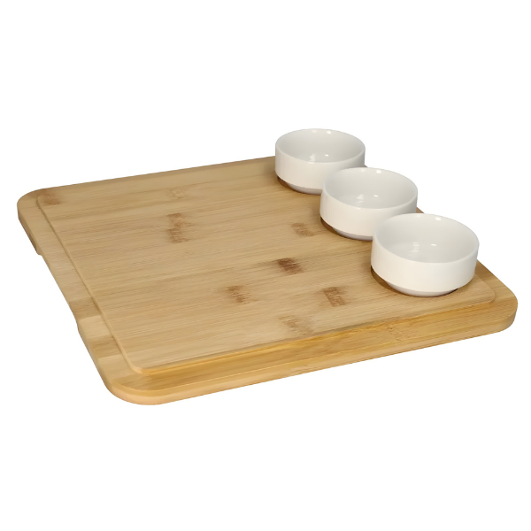 Square Bamboo Serving Board with 3 Ceramic Dip Bowls - Stylish Serving Set