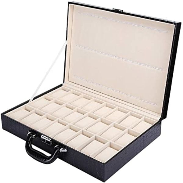 Black PU Leather Watch Storage Suitcase -24 Grid