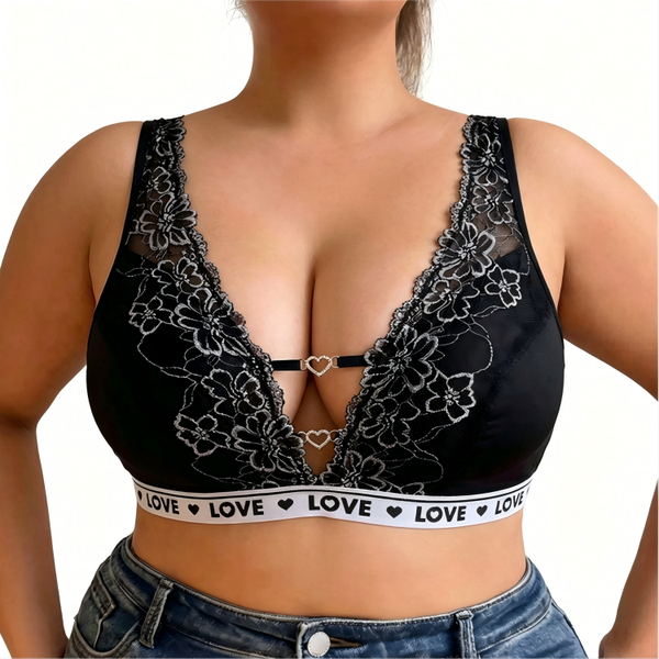Plus Size Love Heart Lace Underwire Bra - Deep V Plunge Supportive Bra
