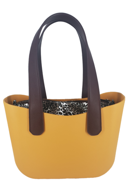 Eva Classic Handbag Mustard, PU Leather Leopard Print Inner, Brown Handles