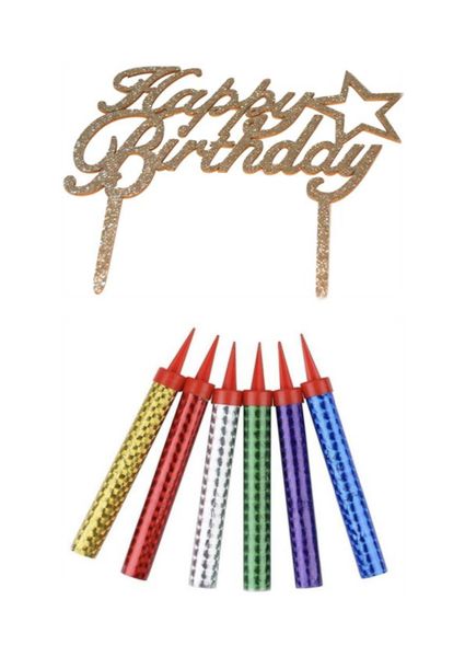 Happy Birthday Star Glitter Cake Topper and 6 Pack Sparkling Candles
