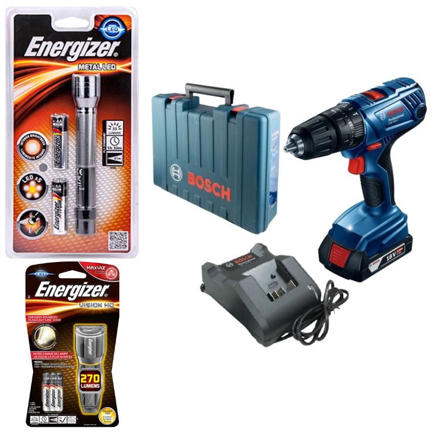 Bosch - 180-LI Cordless Combo Drill Kit 18V & Energizer LED Torches Combo