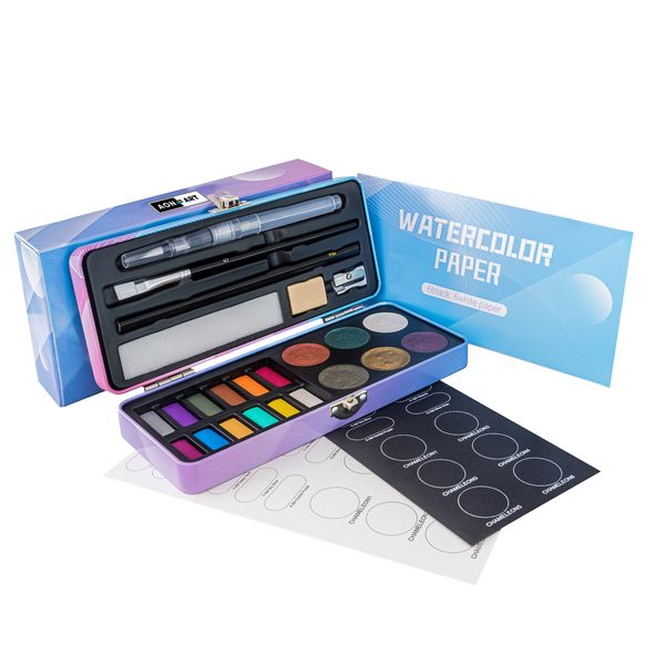 AON-ART Metallic &amp; Chameleon Colour Paint Set with Watercolour Paper