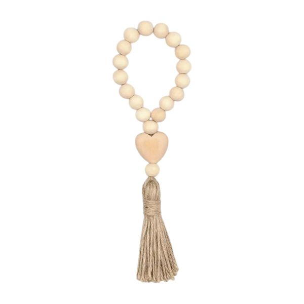 Wooden Bohemian Style Heart-Shaped Beaded Tassel Ornament -Apricot