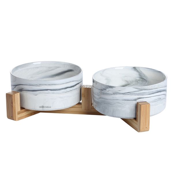 Heartdeco 2 Piece Ceramic Pet Bowl Set with Wooden Stand