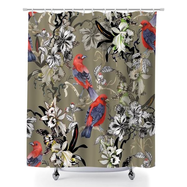 Birds and Flowers Pattern Bath Curtain, 180x180cm Decorative Bath Curtain