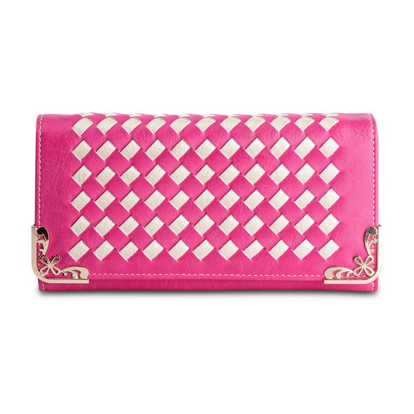 Tri-Fold Purse - Block Pattern - Stud Closure - Pink &amp; White - Medium