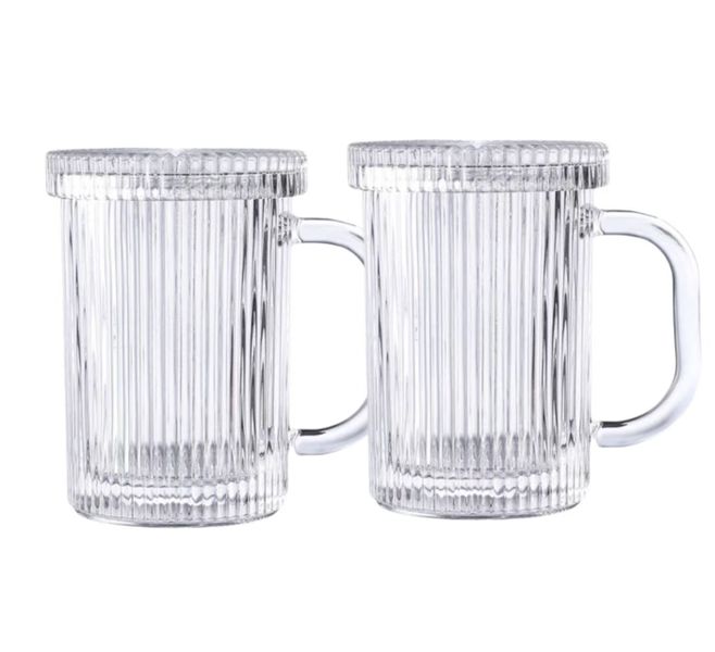 Clear Glass Coffee Mug with Lid Vertical Stripe Cup Hot/Cold - 400ml - Pack of 2
