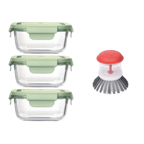 Leak-Proof Glass Square Container 500ml and Soap Scrubber - 3-Pack