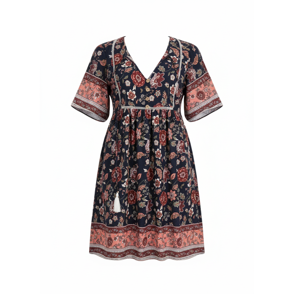 Printed Short-Sleeved Dress - Navy Blue