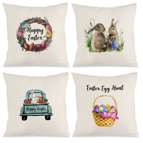 Set of 4 Easter Pillow Cases, 45x45cm Washable Cushion Cover for Livingroom