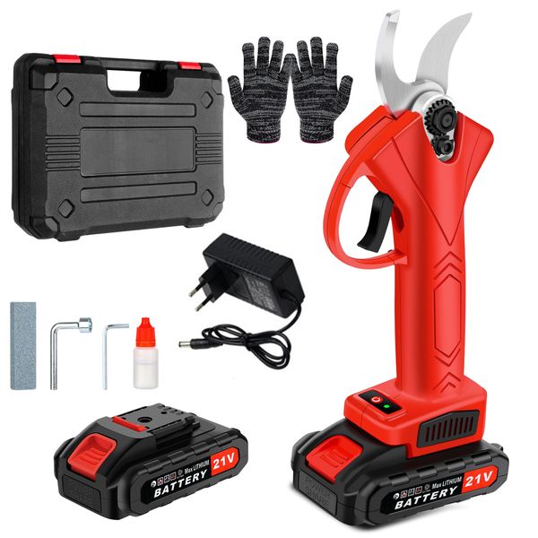 Red 21V Cordless Electric Pruning Shears With Gloves, 2 Batteries &amp; Case