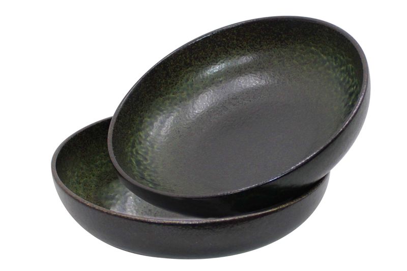 24cm 2 Piece Round Stoneware Deep Dish Serving Plates - Rustic Green