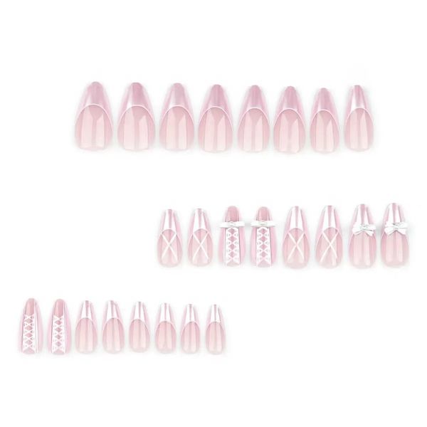 Pink Press on Nails Almond Fake Nails French Tip False Nails Bow Design