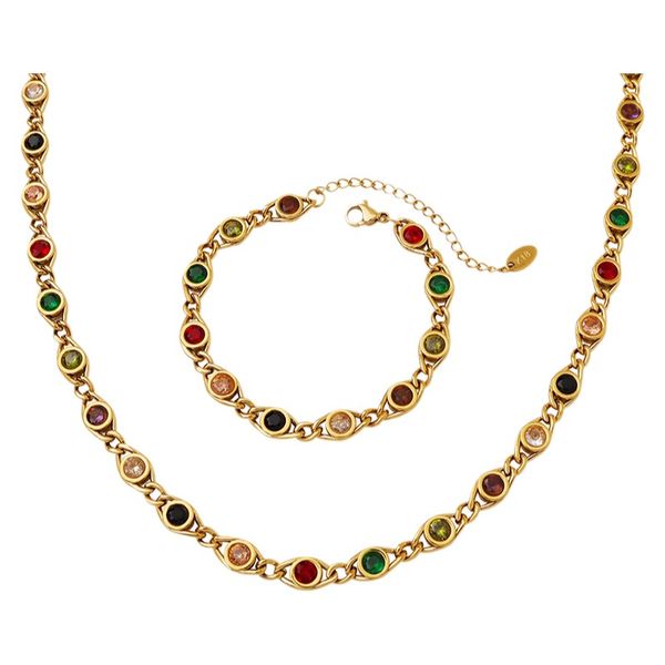 Fish Eye Design Multicolor Zircon Necklace &amp; Bracelet Set, Copper Chain