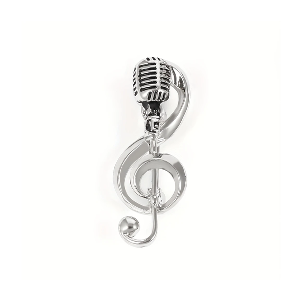 Vintage Microphone &amp; Treble Clef Brooch - Silver Music Note Lapel Pin