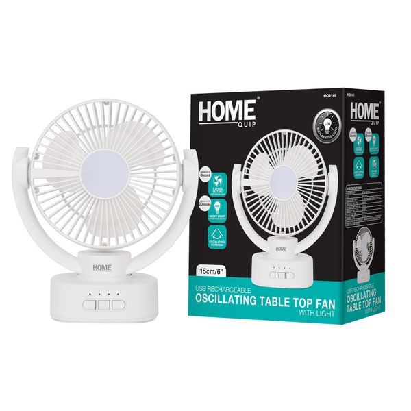 Home Quip Rechargeable Oscillating Fan 3 Speed White including light - Sml