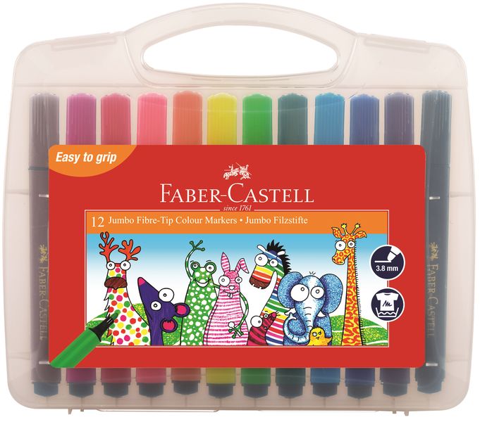 Faber-Castell, Jumbo Fibre-Tip Triangular Colour Markers 12's, Nib 3.8mm