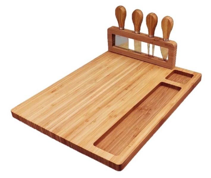 Wood Cheese Plate Serving Platter with 4 Stainless Steel Cheese Knives
