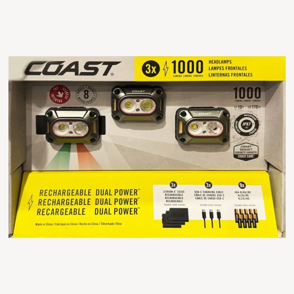Coast Rechargeable Dual Powered Headlamps 1000 Lumens - 3 Pack