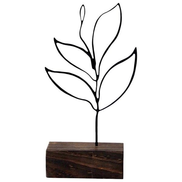 Minimalistic Metal Leaf Sculpture With Wooden Base - Brown &amp; Black