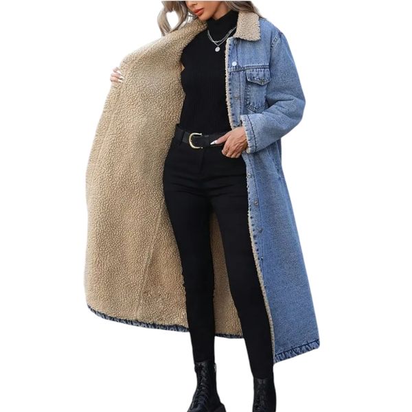 GlammeFab Autumn/Winter Thermal Lined Warm Long Denim Coat