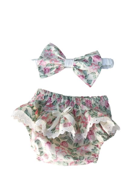 Cream And Pink Floral Nappy Cover And Headband