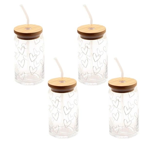 Heart-Patterned Glass Cups with Bamboo Lids - Transparent - 500ml - 4-Pack