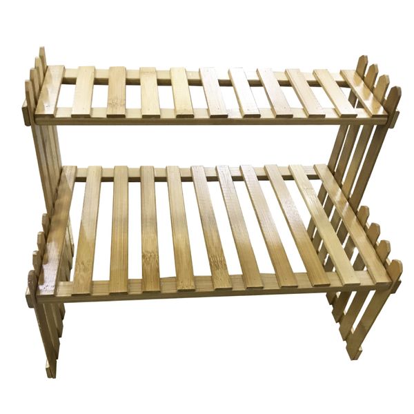 Garden Home Decor Double Layer Bamboo Pot Plant Display Stand 27x21cm