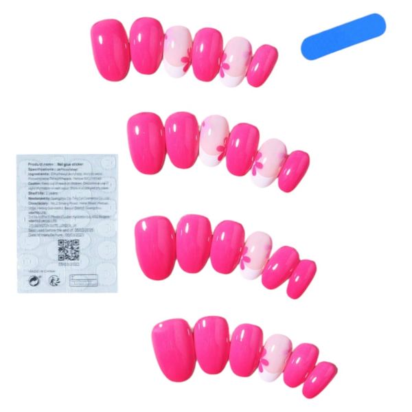 24pcs Short Oval French Tip Floral Design Press-On Nails - Pink/White