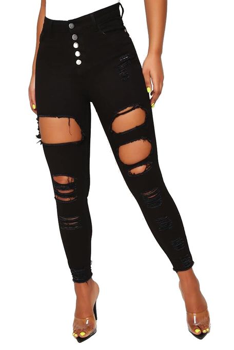 I Saw it First - Ladies Black Distressed 5 Button Skinny Jeans | Buy ...