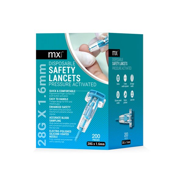MX 28G x 1.6mm Safety Lancets - Pressure Activated Blood Lancets (200 Pack)