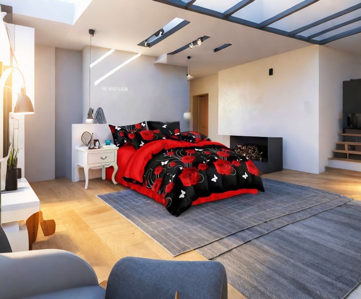 Black, Red Polyester Flowers All tc Duvet Cover