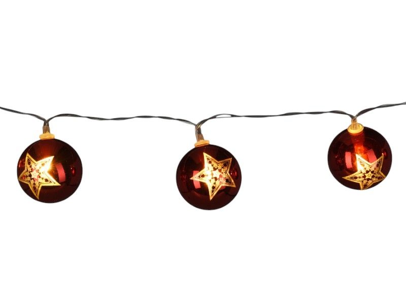 LED Chain with 10 Warm White Lights &amp; Red Balls - Battery Operated, 3.5cm Bulbs