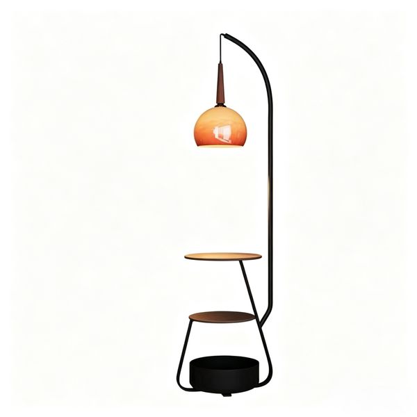 Adjustable three-tier storage floor lamp with glass lampshade