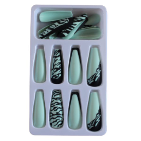 Reusable Long Coffin Shaped Green and Black Press On Nails - 24 Nails Set