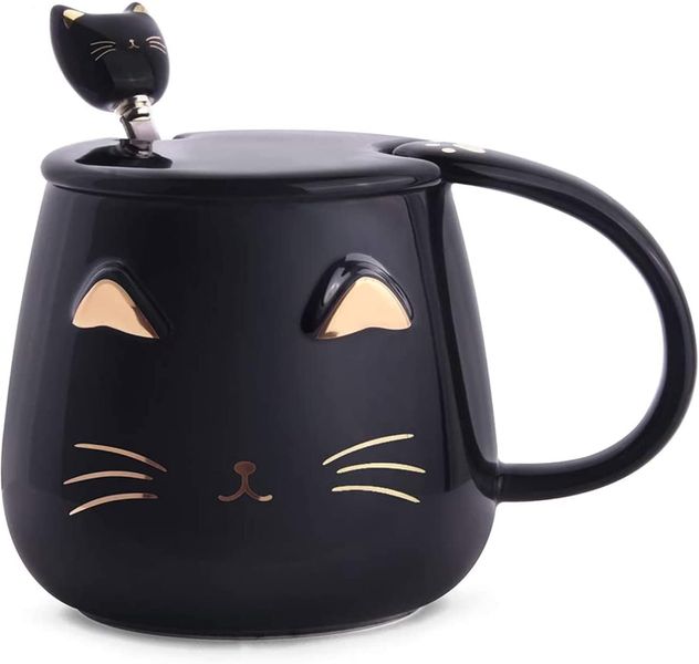 Sulfar Home Black Cat Mug, Cute Kitty Ceramic Coffee Mug with SS Spoon