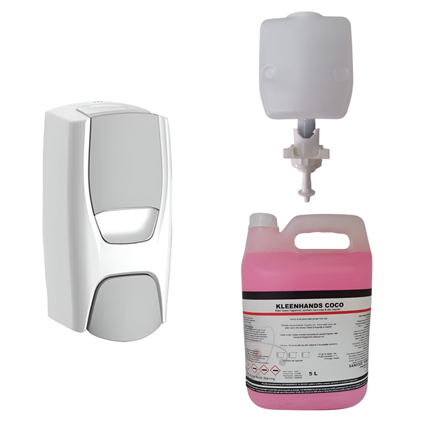 1L Sierra White &amp; Grey Manual Soap Dispenser Top-up &amp; 5L Liquid Soap Combo